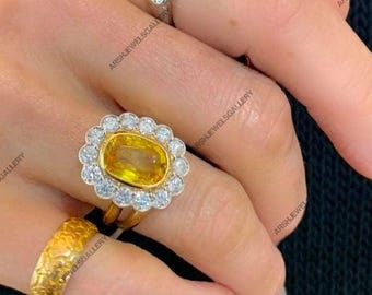 Luxury Yellow Sapphire Ring Halo Yellow Sapphire Ring 925 Sterling Silver Yellow Sapphire Ring ring for engagement wedding and gift