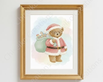 Watercolor Santa Bear Print, Christmas Nursery Art (Digital Download)