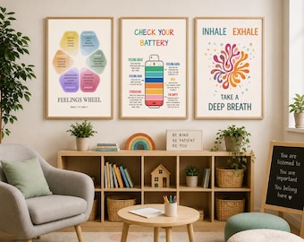 Schul Counselor Wand Kunst 3er Set, Gefühle Rad & Atmung Poster, Kinder Therapie Büro Dekor Bundle Download