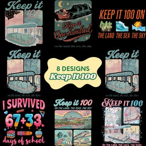 Könnte beinhalten: Sammlung von acht Designs im Vintage-Stil mit dem Satz "Keep It 100" und anderem Text. Designs umfassen ein Boot, den Weihnachtsmann in einem Schlitten und verschiedene Landschaften. Die Designs sind in Blau-, Rosa- und Orangetönen auf schwarzem Hintergrund.