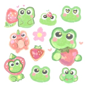 Op de afbeelding: Een verzameling digitale illustraties met groene kikkers en rode aardbeien. De kikkers hebben grote zwarte ogen en roze wangen. Sommige kikkers dragen aardbeienhoedjes of houden aardbeien vast. Kleine roze hartjes en een bloem zijn inbegrepen.