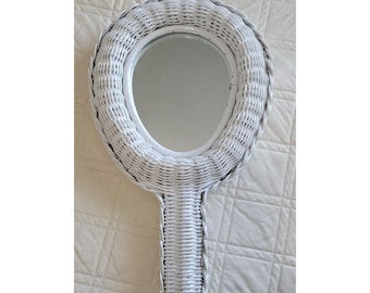 Wicker Rattan Hand Held Mirror Two Sided Vintage White 1970's Woven Braided