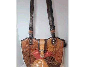 Vintage 90s M.C. Marc Chantal Brown Floral Embossed Leather Shoulder Bag Purse