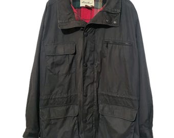 VTG Eddie Bauer Jacket Mens L Black Plaid Wool Lined Parka Chore Barn Outdoors