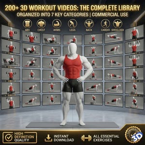 Puede incluir: Imagen promocional de videos de entrenamiento en 3D. La imagen presenta un maniquí musculoso con camiseta sin mangas roja y pantalones cortos negros, frente a una cuadrícula de demostraciones de ejercicios. El texto en la parte superior dice "200+ 3D WORKOUT VIDEOS: THE COMPLETE LIBRARY".