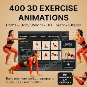 Pode incluir: Imagem promocional de 400 animações de exercícios 3D para treinos em casa e com peso corporal. A imagem mostra um ecrã de computador portátil com ícones de exercícios e um telemóvel a exibir um exercício de prancha lateral.