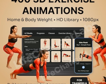 May include: Promotional image for 400 3D exercise animations for home and body weight workouts. The image shows a laptop screen with exercise icons and a phone displaying a side plank exercise. Text includes "Build premium workout programs in minutes - not months."