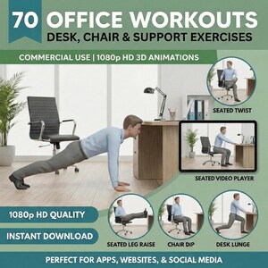 May include: An image promoting 70 office workouts. The graphic includes illustrations of exercises, such as seated twists and desk lunges, with the text "Desk, Chair & Support Exercises." It also states "1080p HD Quality" and "Instant Download."