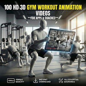 Puede incluir: Imagen que promociona 100 vídeos de animación de entrenamiento de gimnasio 3D HD. La imagen muestra a una persona sosteniendo una tableta que muestra un vídeo de entrenamiento. El texto en la tableta dice "NO WATERMARK". Otros textos incluyen "1080px QUALITY", "INSTANT DOWNLOAD" y "ALL ESSENTIAL EXERCISES".