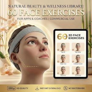 Puede incluir: Anuncio de un programa de ejercicios faciales. La imagen presenta a una mujer con una diadema gris, con una tableta que muestra ejercicios faciales en 3D. El texto de la imagen dice "60 EJERCICIOS FACIALES" y "EJERCICIOS FACIALES 3D".