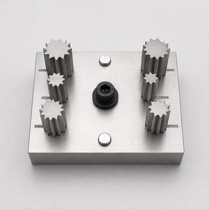 Puede incluir: Una placa metálica cuadrada cepillada con seis componentes de engranaje verticales en forma de estrella dispuestos en dos columnas. Un perno hexagonal negro está centrado en la placa, flanqueado por dos pequeñas fijaciones metálicas circulares.