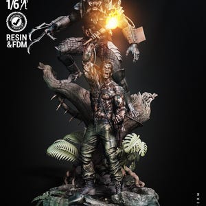 May include: A detailed resin and FDM 1/6 scale Predator and human figure statue. The Predator is poised above the human, holding a weapon with a bright orange glow. The base features foliage and the word "Predator".