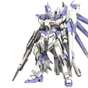 May include: A detailed model of a futuristic robot, primarily white, light purple, and gray. The robot has a large rifle, a shield, and multiple wing-like structures. Neon green accents highlight the mechanical details.
