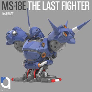 May include: A blue and grey MS-18E The Last Fighter bust model. The model features orange and white accents, with the text "MS-18E THE LAST FIGHTER" and "1/48 BUST" in white. The model is a detailed representation of a mecha.