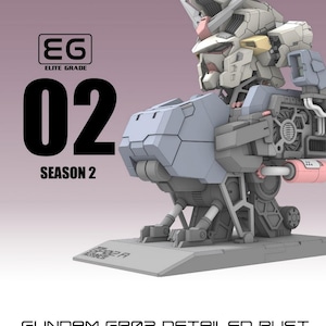 May include: A detailed bust of a Gundam GP02 model, predominantly gray, white, and light blue. The model is labeled "02" and "Season 2" with "EG ELITE GRADE" branding. The total height is 28.0 cm, and the scale is 1/25.