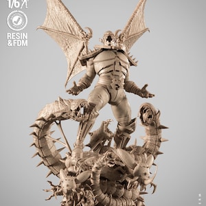 May include: A detailed beige resin statue of a winged humanoid figure standing atop a base with multiple monster-like creatures. The statue has a helmet, armor, and outstretched arms. The base has the number 4. The words "RESIN & FDM" are visible.