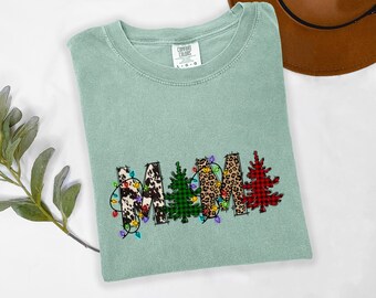 Christmas Mama Comfort Color Shirt, Festive Holiday Tee, Plaid Leopard Cow Print Christmas Tree Mom LifeShirt