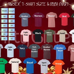 The image is a color chart of various t-shirt sizes and colors, including a mix of men's and women's options.