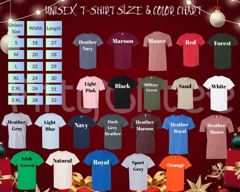 The image is a color chart of various t-shirt sizes and colors, including a mix of men's and women's options.