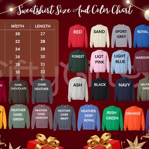 The image is a color chart displaying various sizes and colors of sweatshirts, including red, sand, sport grey, royal grey, forest pink, light blue, maroon, cardinals, chocolate, heather, dark green, ash, black, navy, military green, olive, gold, dark maroon, dark green, Irish green, orange, purple, and other colors.