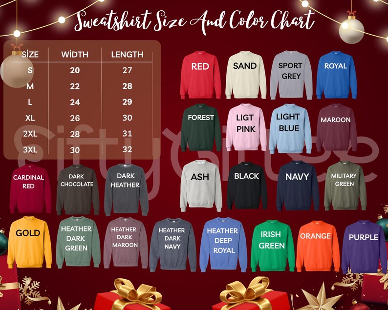 The image is a color chart displaying various sizes and colors of sweatshirts, including red, sand, sport grey, royal grey, forest pink, light blue, maroon, cardinals, chocolate, heather, dark green, ash, black, navy, military green, olive, gold, dark maroon, dark green, Irish green, orange, purple, and other colors.