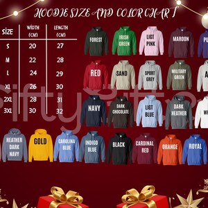 A color chart displaying various hoodie sizes and colors, along with a list of corresponding colors.