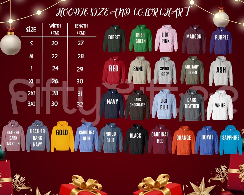 A color chart displaying various hoodie sizes and colors, along with a list of corresponding colors.
