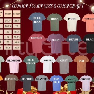 The image is a color chart displaying various t-shirt colors and their corresponding sizes, along with a list of different styles and designs.