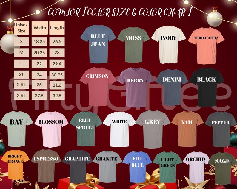 The image is a color chart displaying various t-shirt colors and their corresponding sizes, along with a list of different styles and designs.