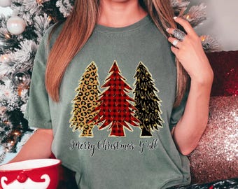 Cozy Comfort Color Shirt Featuring Festive Leopard Plaid Trees Merry Christmas Yall Design Perfect Winter Holiday Apparel