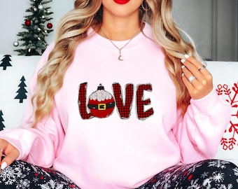 Plaid Christmas Love Sweatshirt Holiday Top, Pink Santa Motif, Buffalo Plaid & Leopard