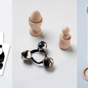Brinquedos montessori, ovo e estaca com copo, anel e sino de brinquedos pendurados, conjunto de cartões de arte animal preto e branco, brinquedos montessori