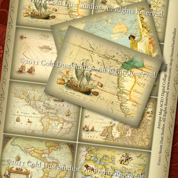 Antique Maps -  Labels/Tags/Cards - Set of 8 - Digital Collage Sheet - Instant Download and Print