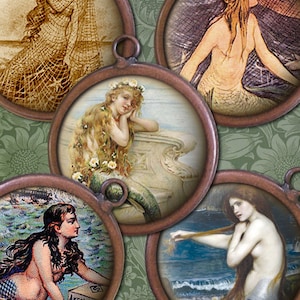 Viktorianischen Vintage Meerjungfrauen Digital Collage Sheet - 1 Inch Kreise - Nymphen, Sirenen - Meerjungfrau Printables - Meerjungfrau Digital Download