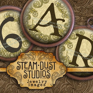 Jewelry Images, Cabochon Images Victorian Steampunk Alphabet, Numbers 1.5 Circles Coffee Stained Digital Collage, Steamduststudios image 1