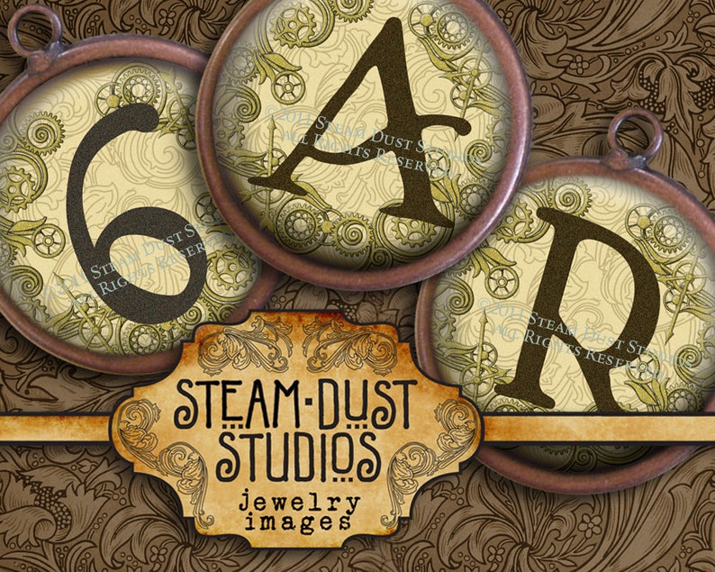 Jewelry Images, Cabochon Images Victorian Steampunk Alphabet, Numbers 1.5 Circles Coffee Stained Digital Collage, Steamduststudios image 1