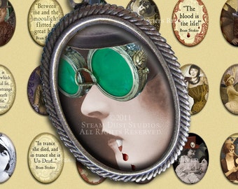 Vintage Vampires -Victorian, Goth, Steampunk Flapper Girls - 18x25mm Cameo-Size Oval Images - Digital Collage Sheet - Instant Download
