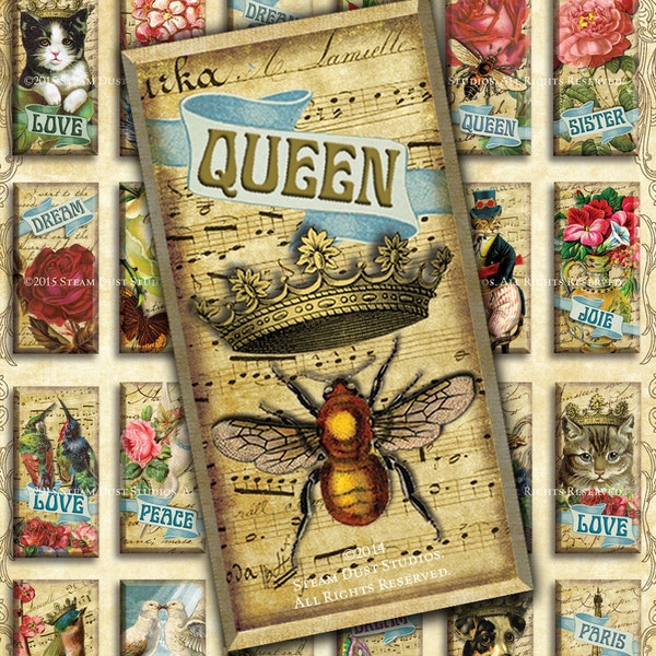 Victorian Steampunk Queen Bee with Crowns, Paris, Cats, Dogs - 1x2" Domino Tiles - Digital Collage, Jewelry Printables, Instant Download