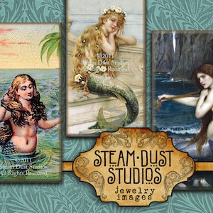 Vintage Mermaids, Victorian Mermaids, Mermaid Images, Jewelry Printables - 1x2" Domino Tiles - Digital Collage Sheet - Steamduststudios