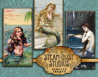 Vintage Mermaids, Victorian Mermaids, Mermaid Images, Jewelry Printables - 1x2" Domino Tiles - Digital Collage Sheet - Steamduststudios
