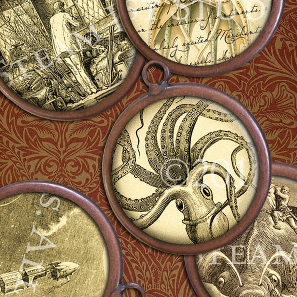 1 inch Circles - Hard-to-Find Victorian Steampunk Images - Kraken, Airships, etc. Digital Collage Sheet - Instant Download