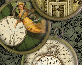 Antique Victorian Steampunk Clocks, Compasses and Keys - 30mm Circles - Digital Collage Sheet - Instant Download and Print