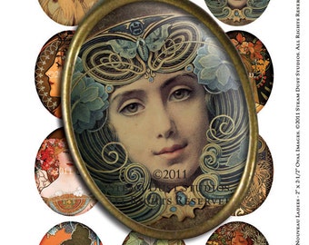 Art Nouveau Ladies - 2 x 2.5 inch large Oval Images - Mucha, Parrish, etc. - Digital Collage Sheet - Instant Download & Print