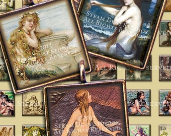 Victorian Mermaids - 1 inch Squares - Sea Nymphs, Sirens - Digital Collage Sheet - Instant Download and Print