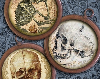 Antique Goth Skulls with Victorian Scroll, Script & Antique Maps - 30mm Circles - Digital Collage Sheet - instant Download and Print