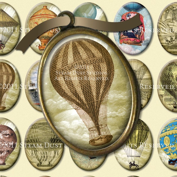 Steampunk Antique Hot Air Balloons - 30x40mm Cameo-Size Oval Images - Digital Collage Sheet - Instant Download