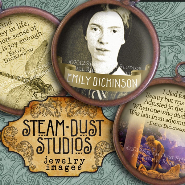 Emily Dickinson Poetry & Quotes - Jewelry Printables, Cabochon Images, Jewelry Images - 1.5" Circles - Digital Collage, Steamduststudios