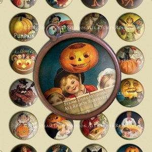 Victorian Halloween - 32mm Circles - Witches, Pumpkins, Black Cats, etc. - Digital Collage Sheet - Instant Download and Print