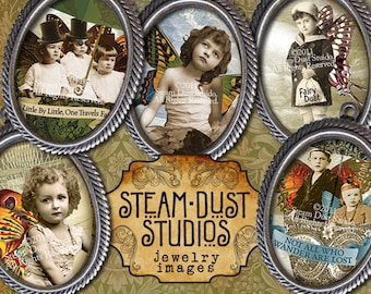 Printables, Jewelry Images, Cabochon Images - Victorian Steampunk Fairy Children - 30x40mm Ovals - Digital Collage Sheet - Steamduststudios