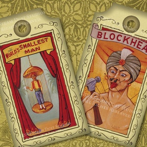 Imprimibles, Diario Basura, Etiquetas, Bordes Manchados de Café - Scrapbooking - Vintage Circus, Circus Freaks, Sideshow Freaks - Descarga Digital
